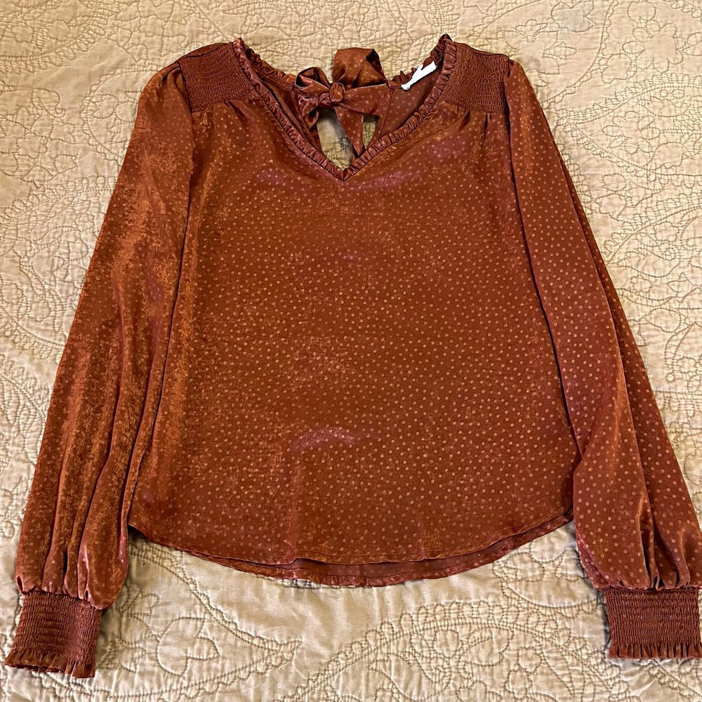 MINE Burnt Orange Polka Dot Chiffon V-Neck Smocked Bow Tie Puff Sleeve peasant S